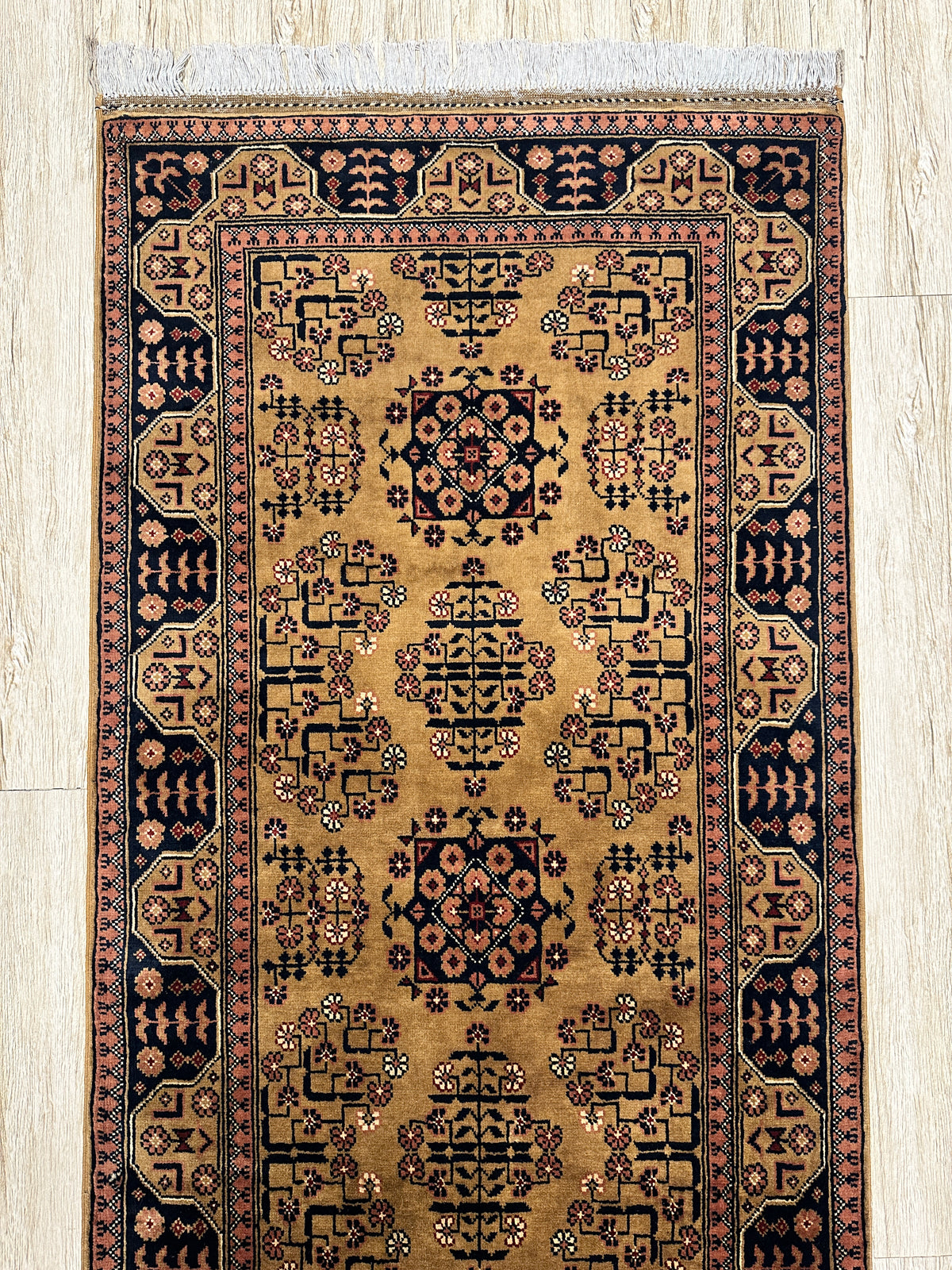 Afghan Bukhara Runner 2'7" x 9'8", Hand-Knotted Wool, Brown, view 4
