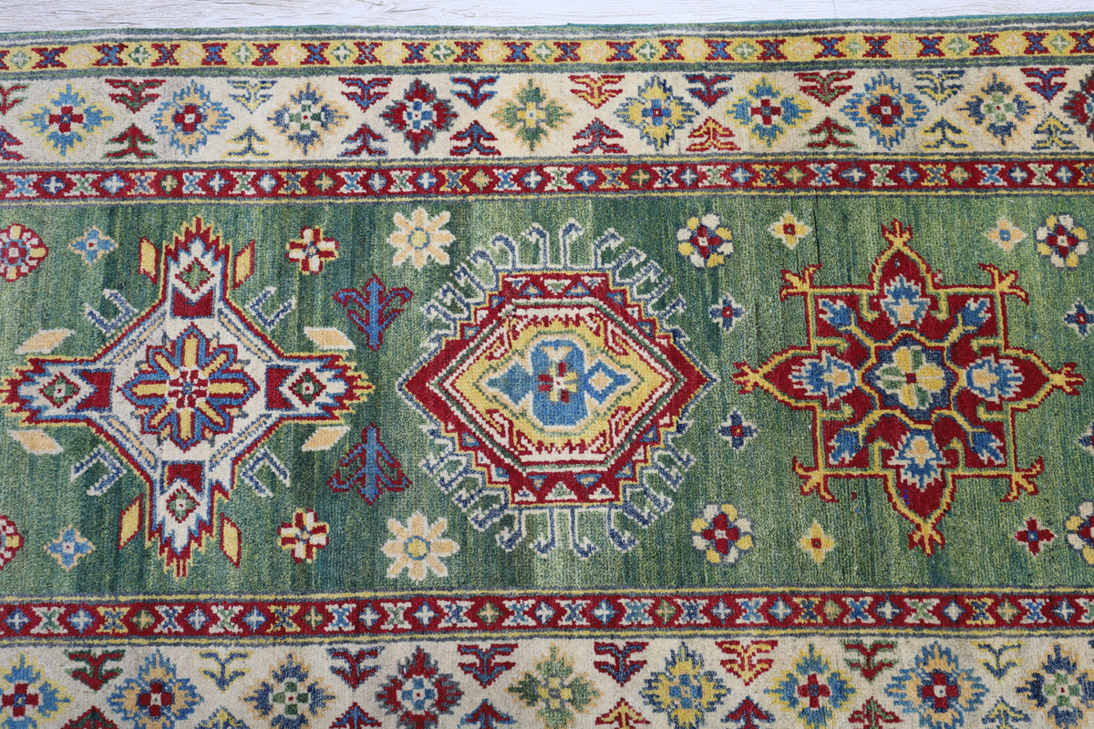 Afghan Kazak Runner 2'7" x 9'8", Hand-Knotted Wool, Blue, view 4