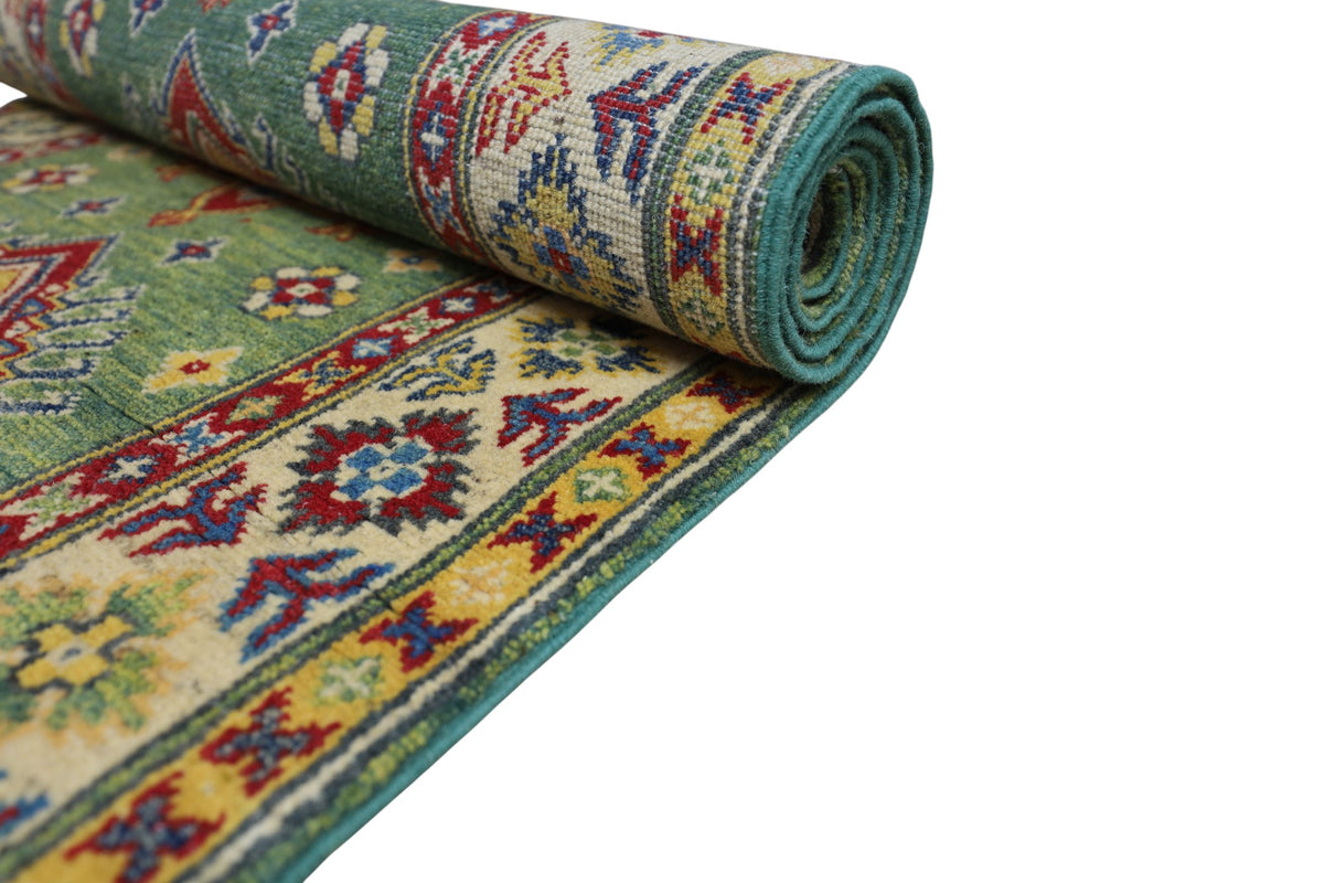 Afghan Kazak Runner 2'7" x 9'8", Hand-Knotted Wool, Blue, view 6