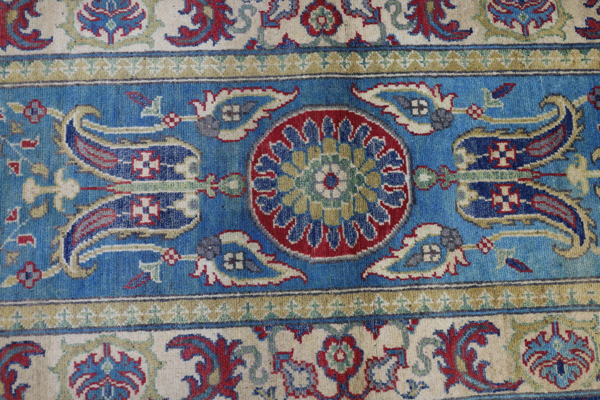 Afghan Kazak Runner 2'8" x 9'9", Hand-Knotted Wool, Blue & Cream, view 4