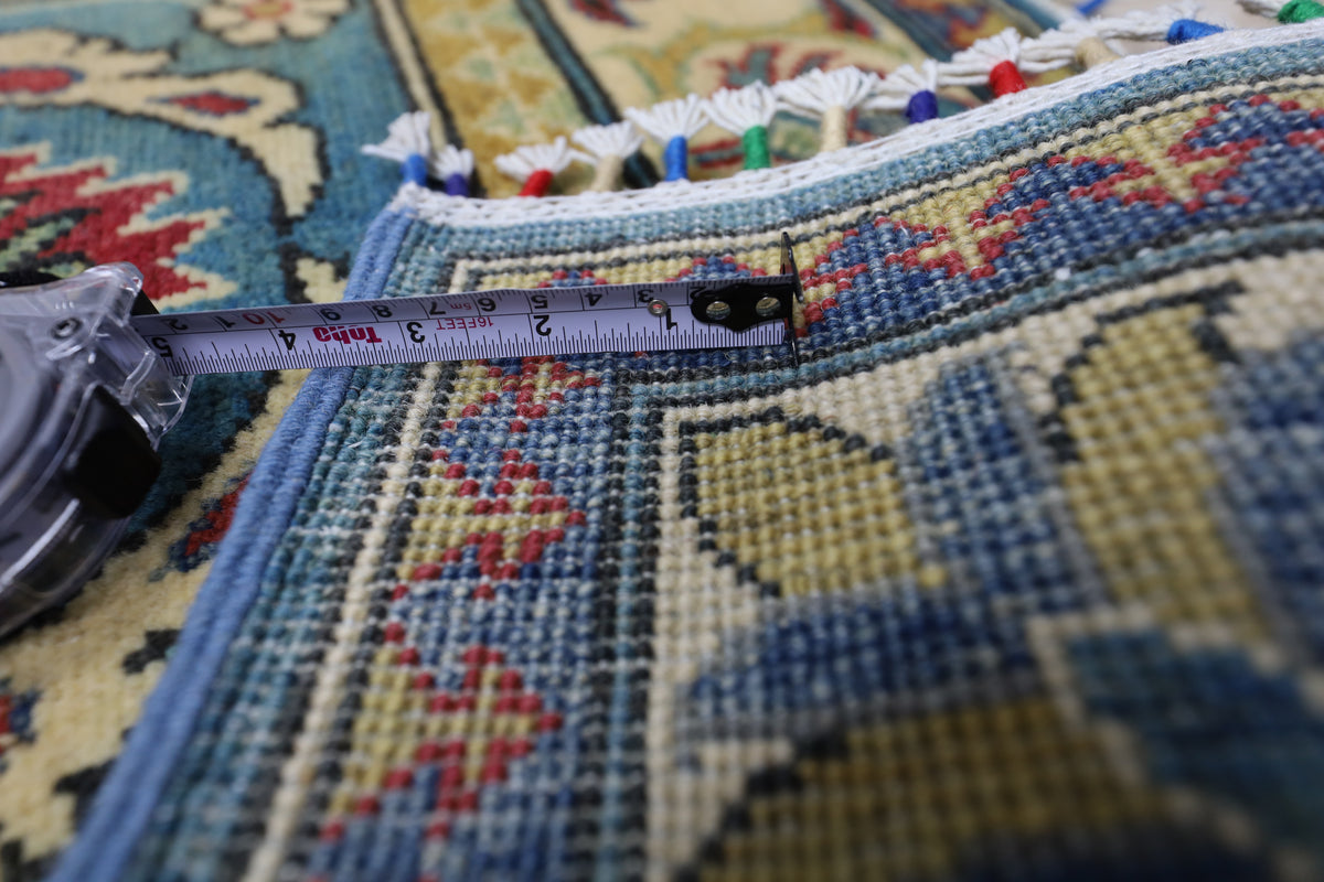 Afghan Kazak Runner 2'8" x 9'9", Hand-Knotted Wool, Blue & Cream, view 6