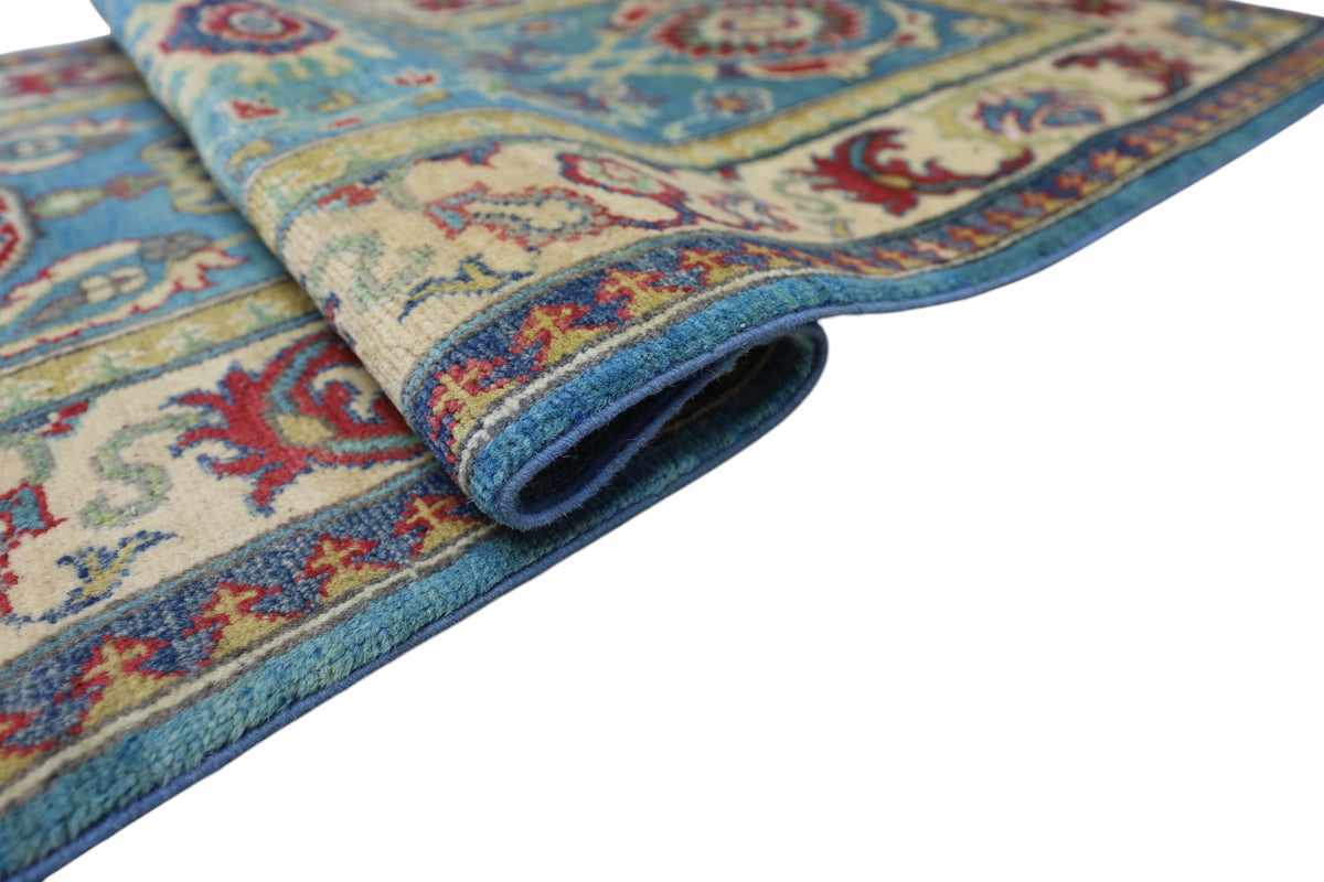 Afghan Kazak Runner 2'8" x 9'9", Hand-Knotted Wool, Blue & Cream, view 5