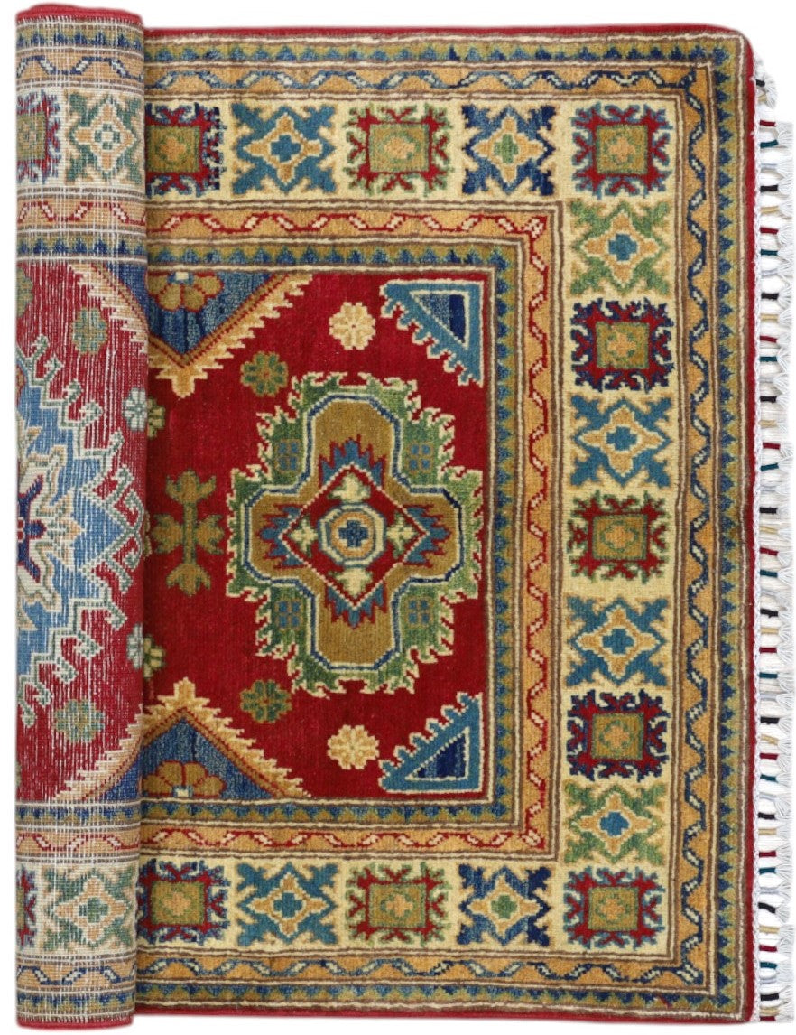 Afghan Kazak Rug 3'3" x 4'10", Hand-Knotted Wool, Red, view 5