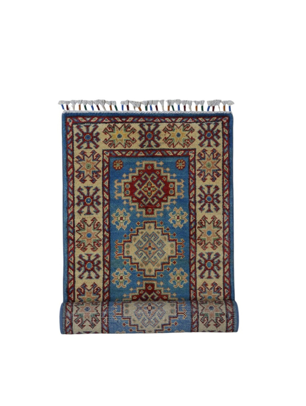 Afghan Kazak Runner 2' x 5'10", Hand-Knotted Wool, Blue, view 7
