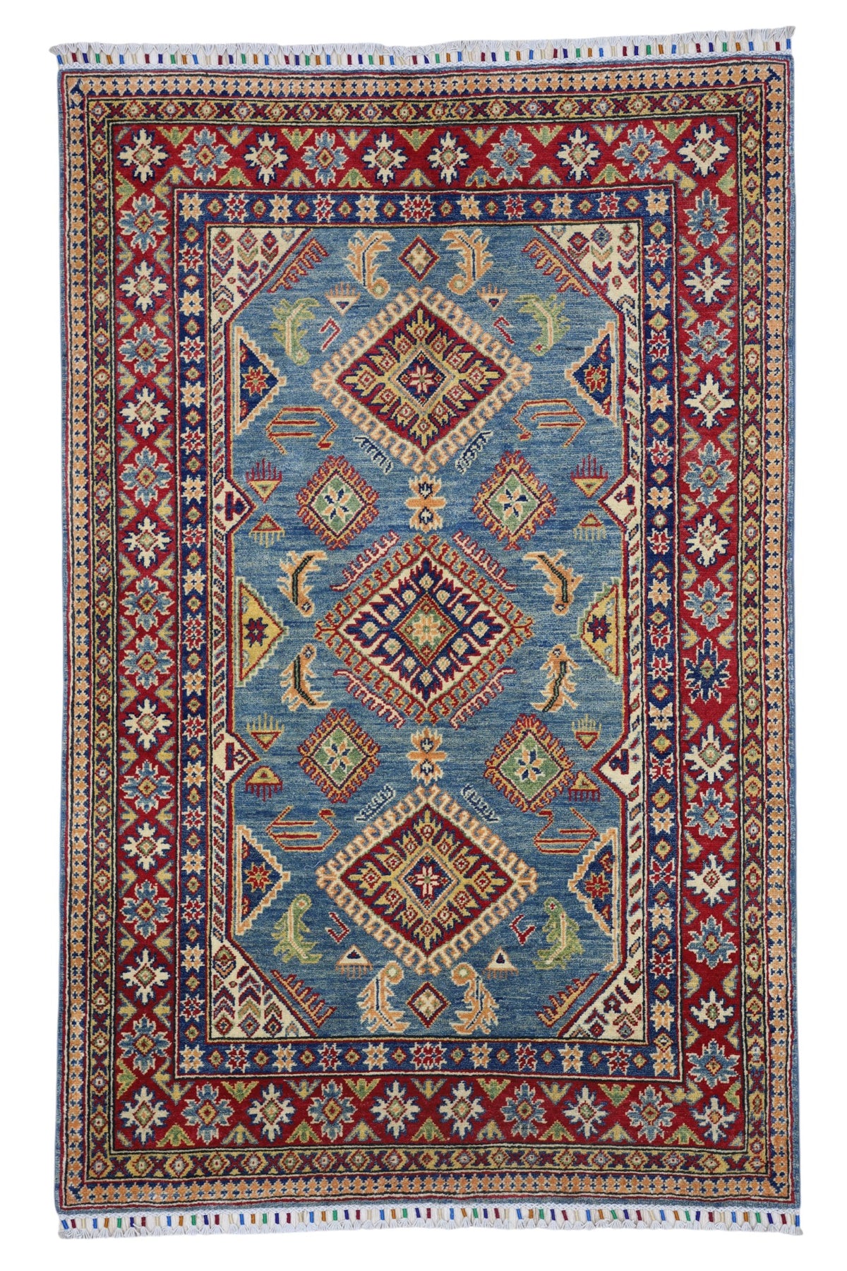 Afghan Kazak Rug 4' x 6'1", Hand-Knotted Wool, Blue, Cream & Red