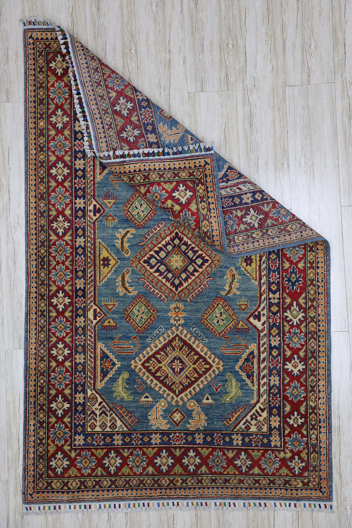 Afghan Kazak Rug 4' x 6'1", Hand-Knotted Wool, Blue, Cream & Red, view 8