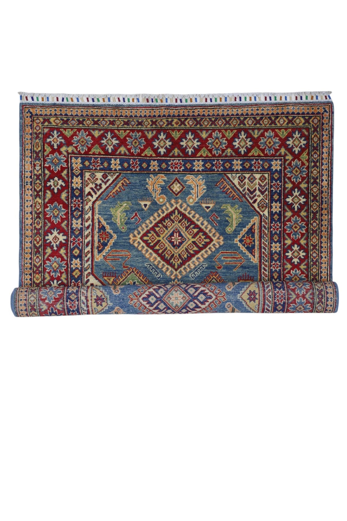 Afghan Kazak Rug 4' x 6'1", Hand-Knotted Wool, Blue, Cream & Red, view 6