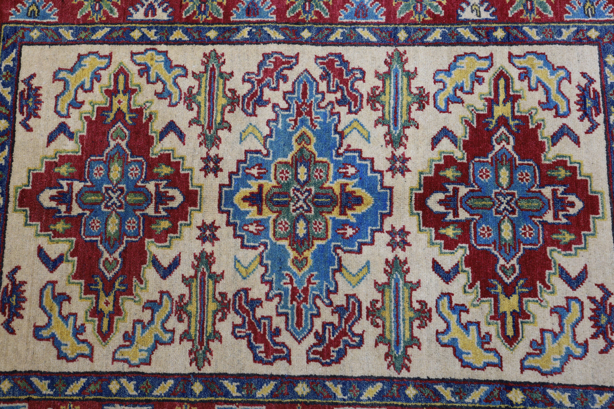 Afghan Kazak Rug 3'4" x 4'9", Hand-Knotted Wool, Cream & Red, view 4