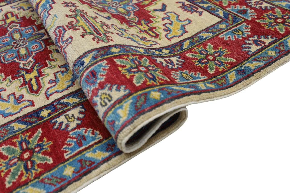 Afghan Kazak Rug 3'4" x 4'9", Hand-Knotted Wool, Cream & Red, view 5