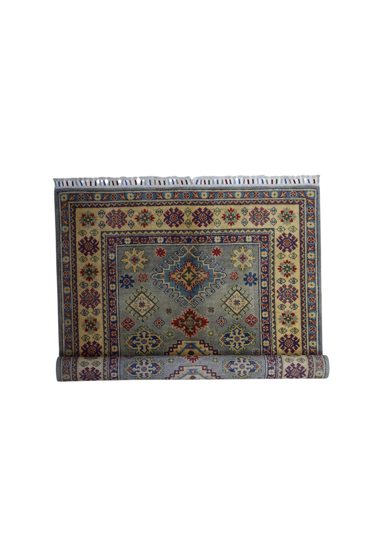 Afghan Kazak Rug 3'11" x 5'6", Hand-Knotted Wool, Beige, view 6
