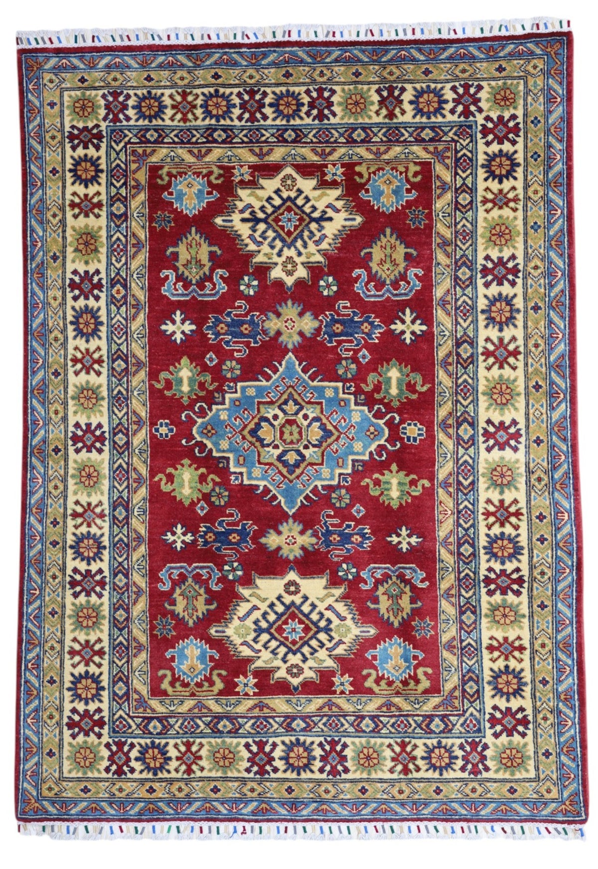 Afghan Kazak Rug 4'9" x 6'8", Hand-Knotted Wool, Red