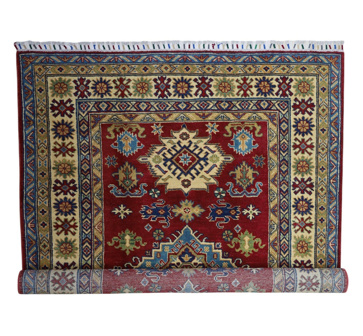 Afghan Kazak Rug 4'9" x 6'8", Hand-Knotted Wool, Red, view 5