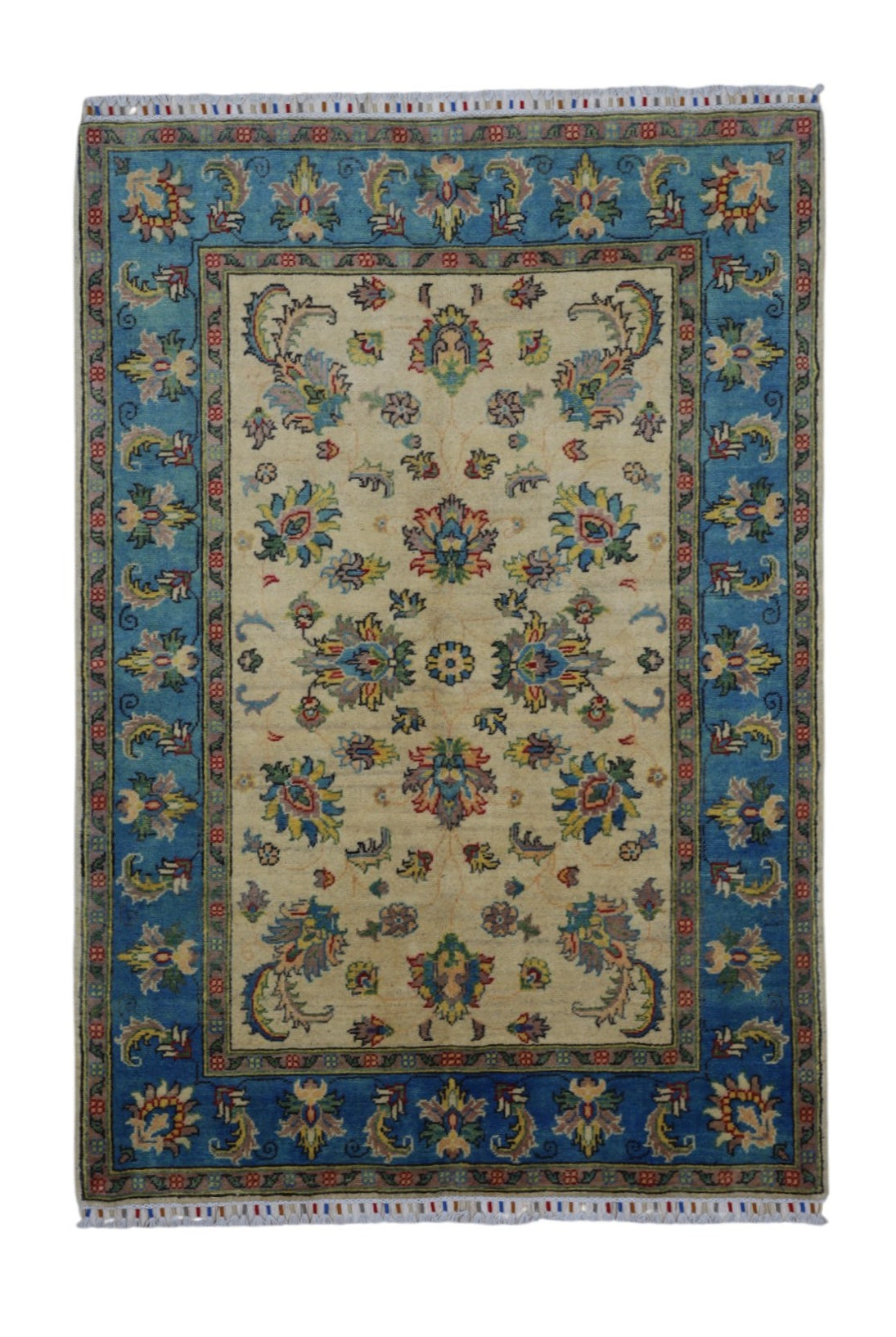 Afghani Rug 5x8 size range tribal Blue Cream laid flat