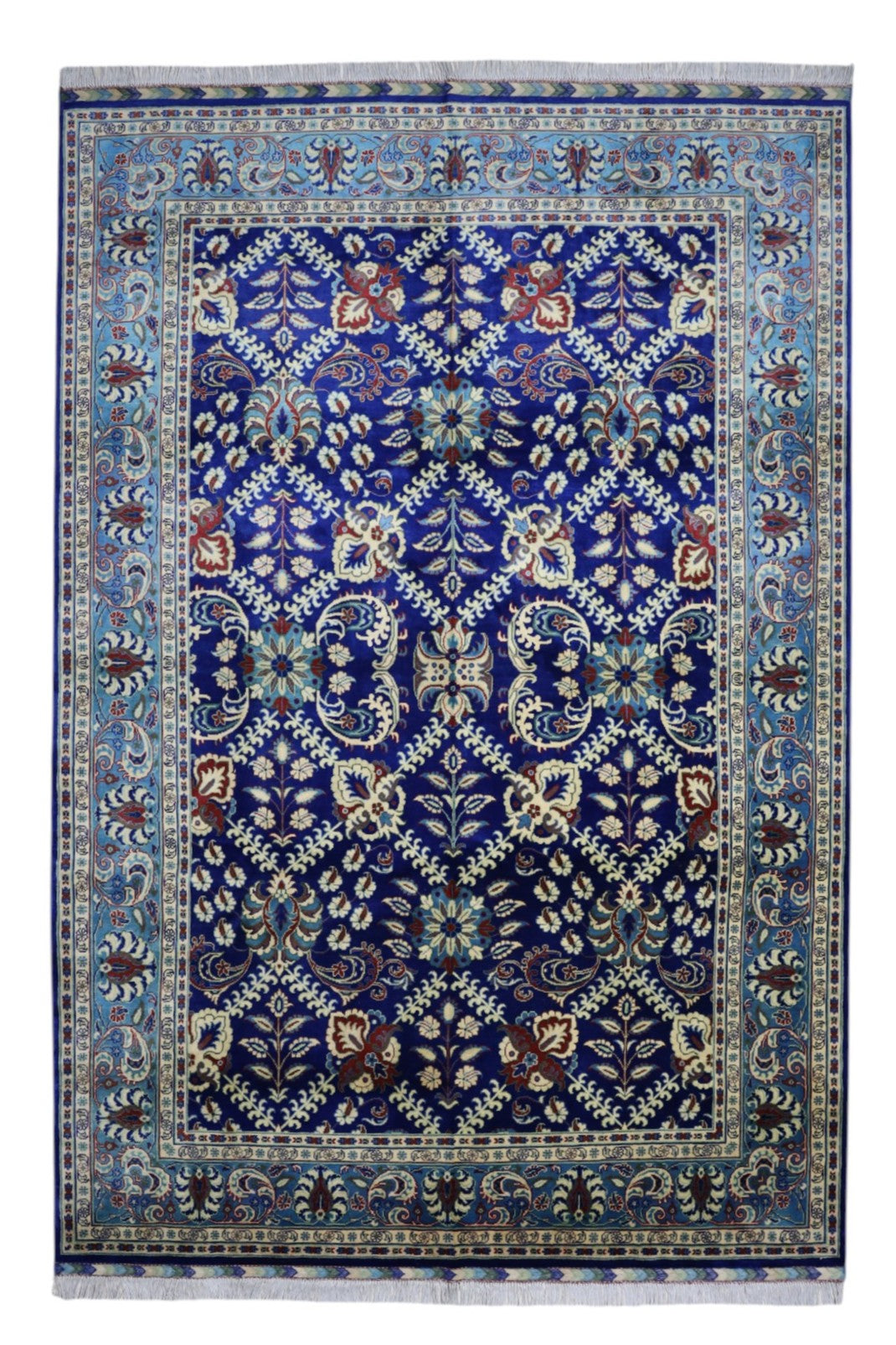 Afghan Rug 7x10, Navy, Light Blue & Ivory, Hand-Knotted Wool