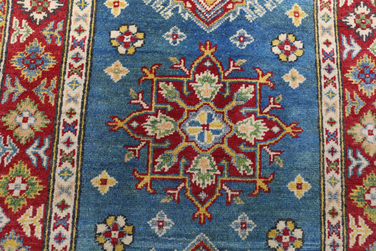Afghan Kazak Runner 2'7" x 9'3", Hand-Knotted Wool, Blue & Red, view 4