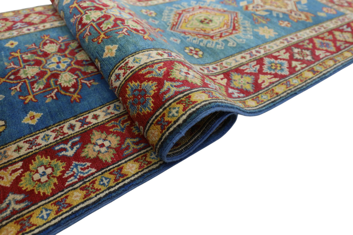 Afghan Kazak Runner 2'7" x 9'3", Hand-Knotted Wool, Blue & Red, view 5