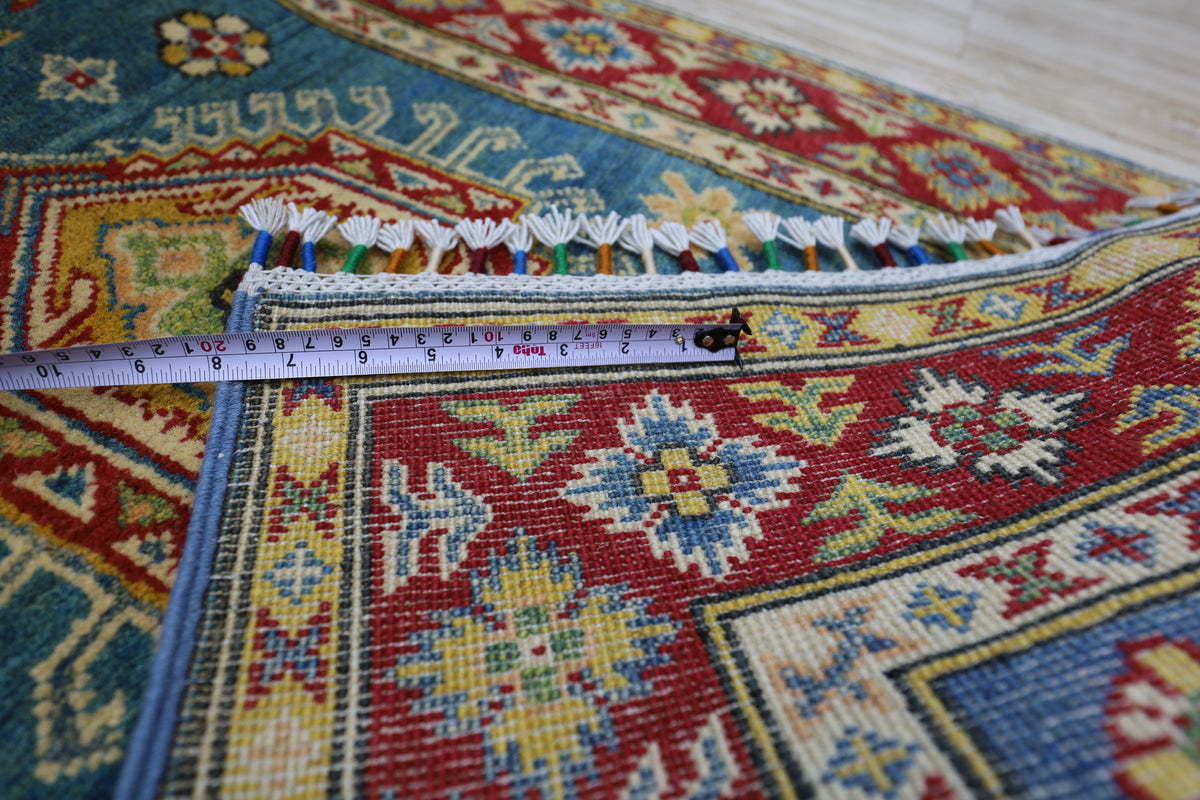 Afghan Kazak Runner 2'7" x 9'3", Hand-Knotted Wool, Blue & Red, view 6