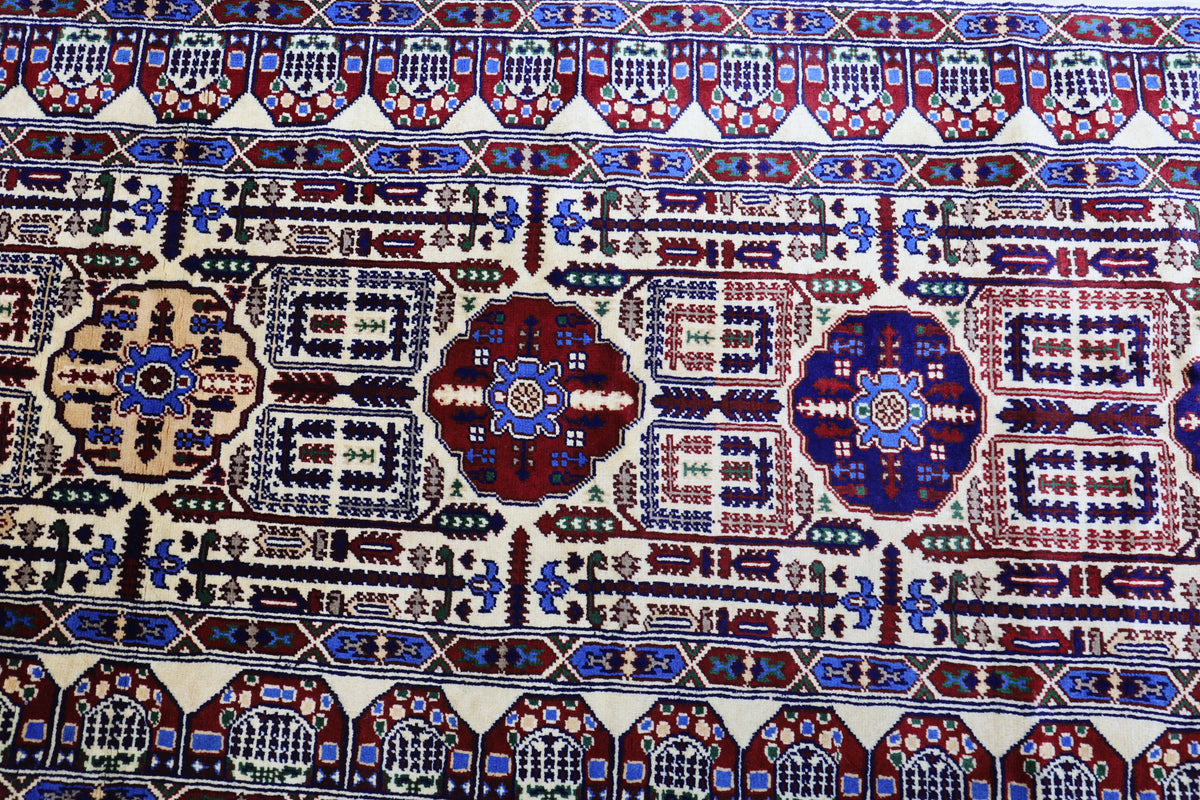 Afghan Gandom Runner 3'1" x 13'1", Hand-Knotted Wool, Blue & Cream, view 5