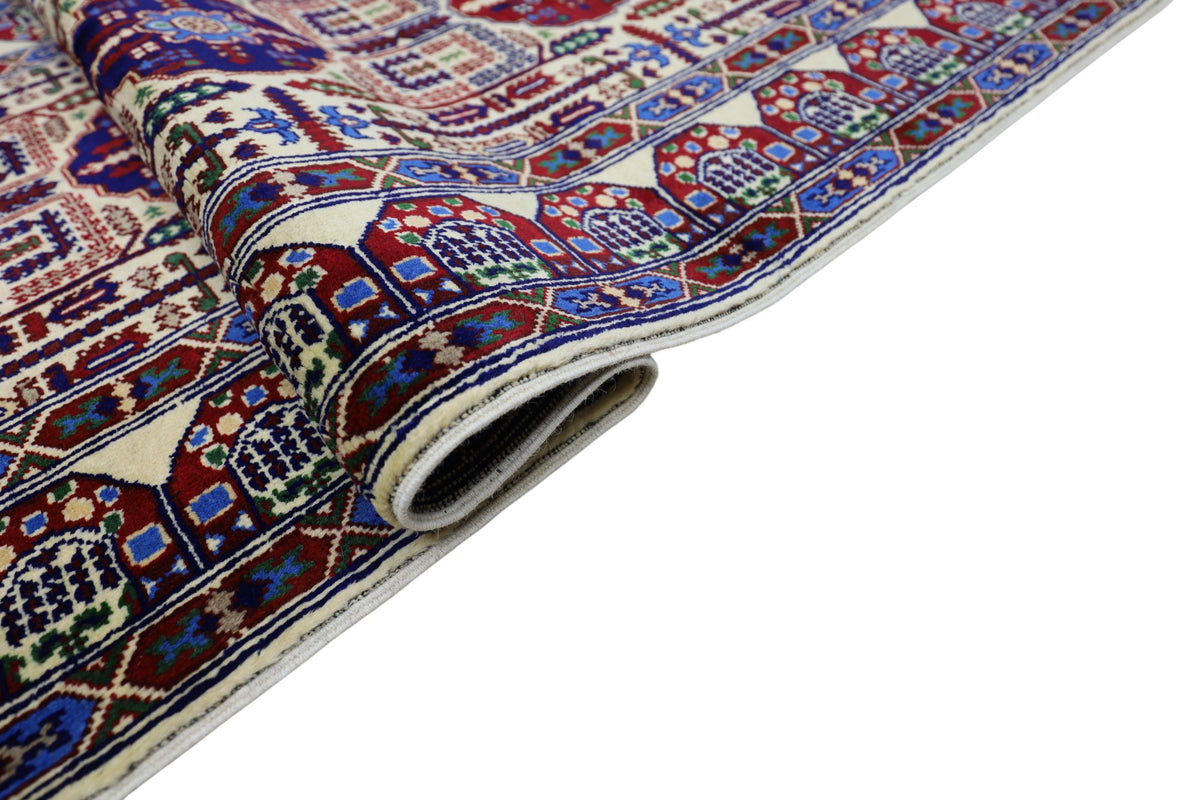 Afghan Gandom Runner 3'1" x 13'1", Hand-Knotted Wool, Blue & Cream, view 6