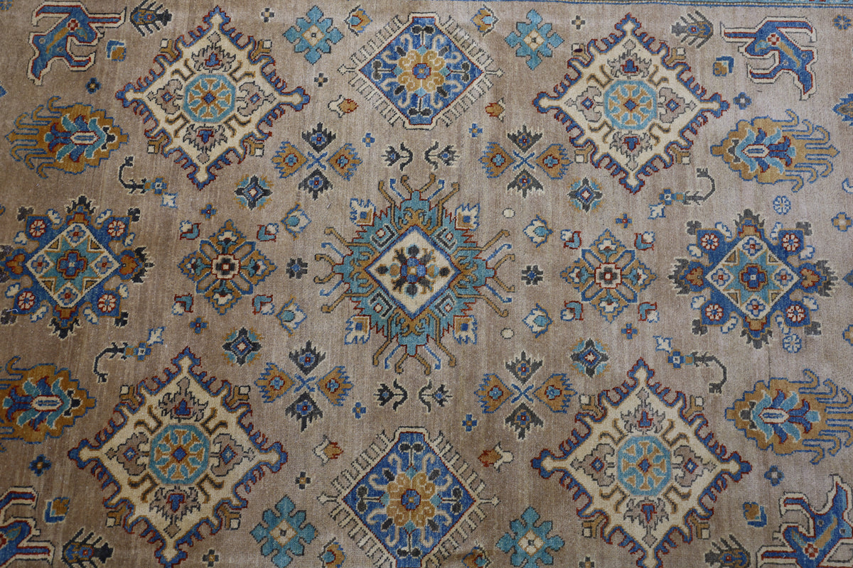 Afghan Kazak Rug 6'7" x 9'8", Hand-Knotted Wool, Blue & Cream, view 4