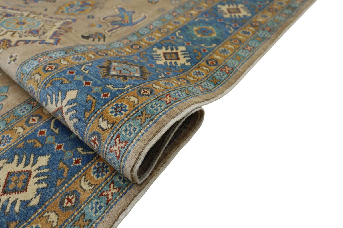 Afghan Kazak Rug 6'7" x 9'8", Hand-Knotted Wool, Blue & Cream, view 5