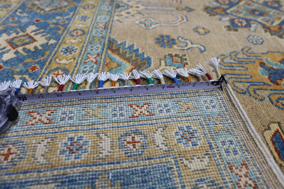 Afghan Kazak Rug 6'7" x 9'8", Hand-Knotted Wool, Blue & Cream, view 6