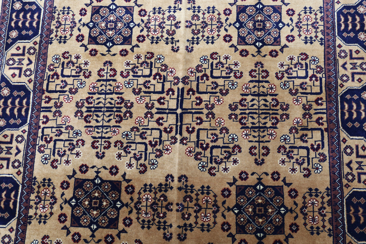 Afghan Bukhara Rug 4' x 5'11", Hand-Knotted Wool, Beige, view 4