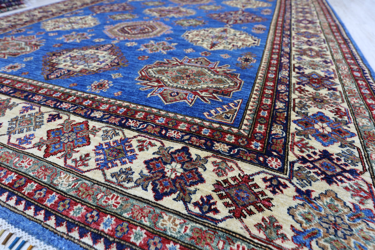 Afghan Kazak Rug 8' x 10'4", Hand-Knotted Wool, Blue, Cream & Red, view 6