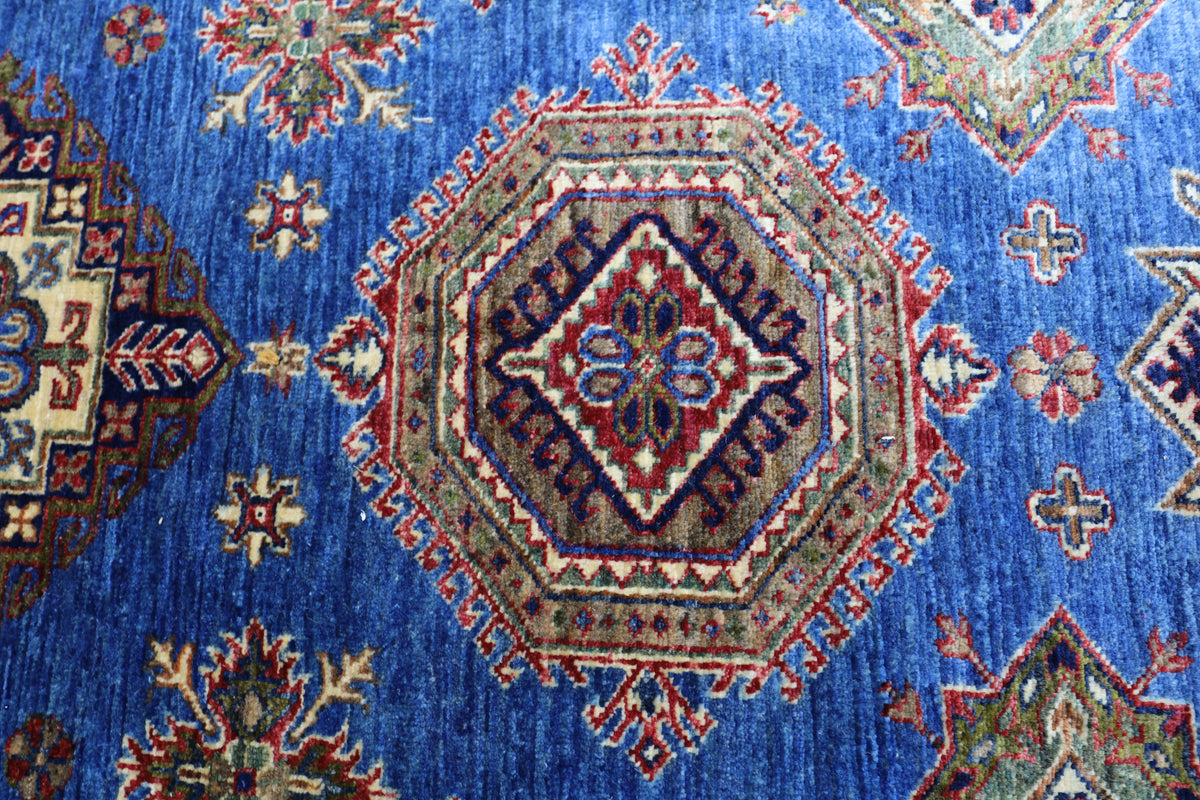 Afghan Kazak Rug 8' x 10'4", Hand-Knotted Wool, Blue, Cream & Red, view 4