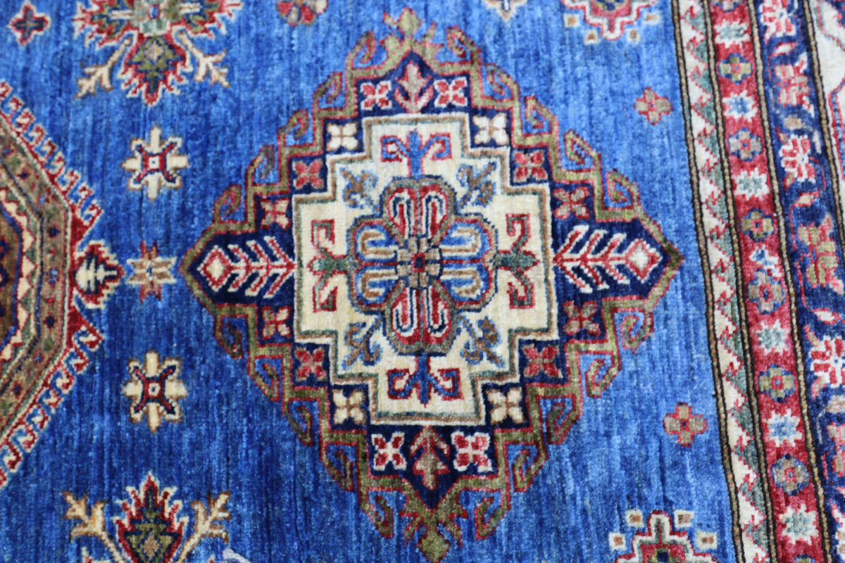 Afghan Kazak Rug 8' x 10'4", Hand-Knotted Wool, Blue, Cream & Red, view 5