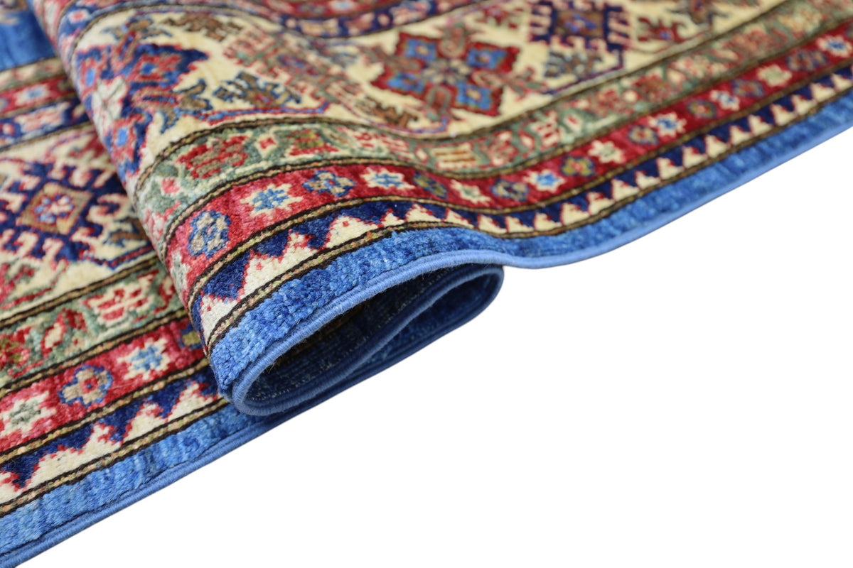 Afghan Kazak Rug 8' x 10'4", Hand-Knotted Wool, Blue, Cream & Red, view 7