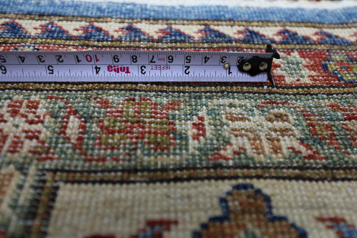 Afghan Kazak Rug 8' x 10'4", Hand-Knotted Wool, Blue, Cream & Red, view 8