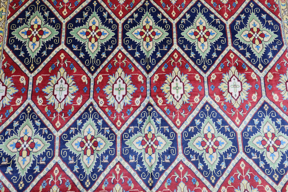 Afghan Tribal Rug 7x9, Red, Navy, Ivory & Gold, Hand-Knotted Wool, view 4