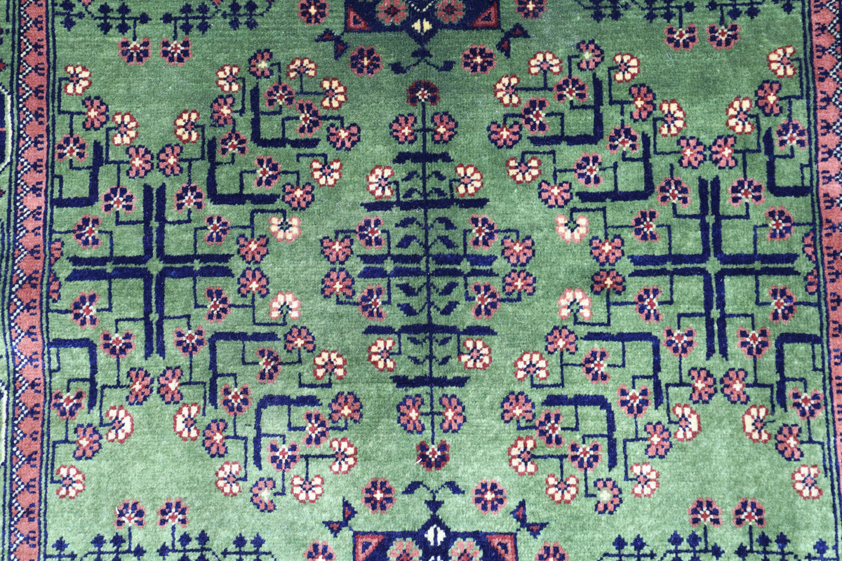 Afghan Bukhara Rug 3'4" x 5', Hand-Knotted Wool, Green, view 4