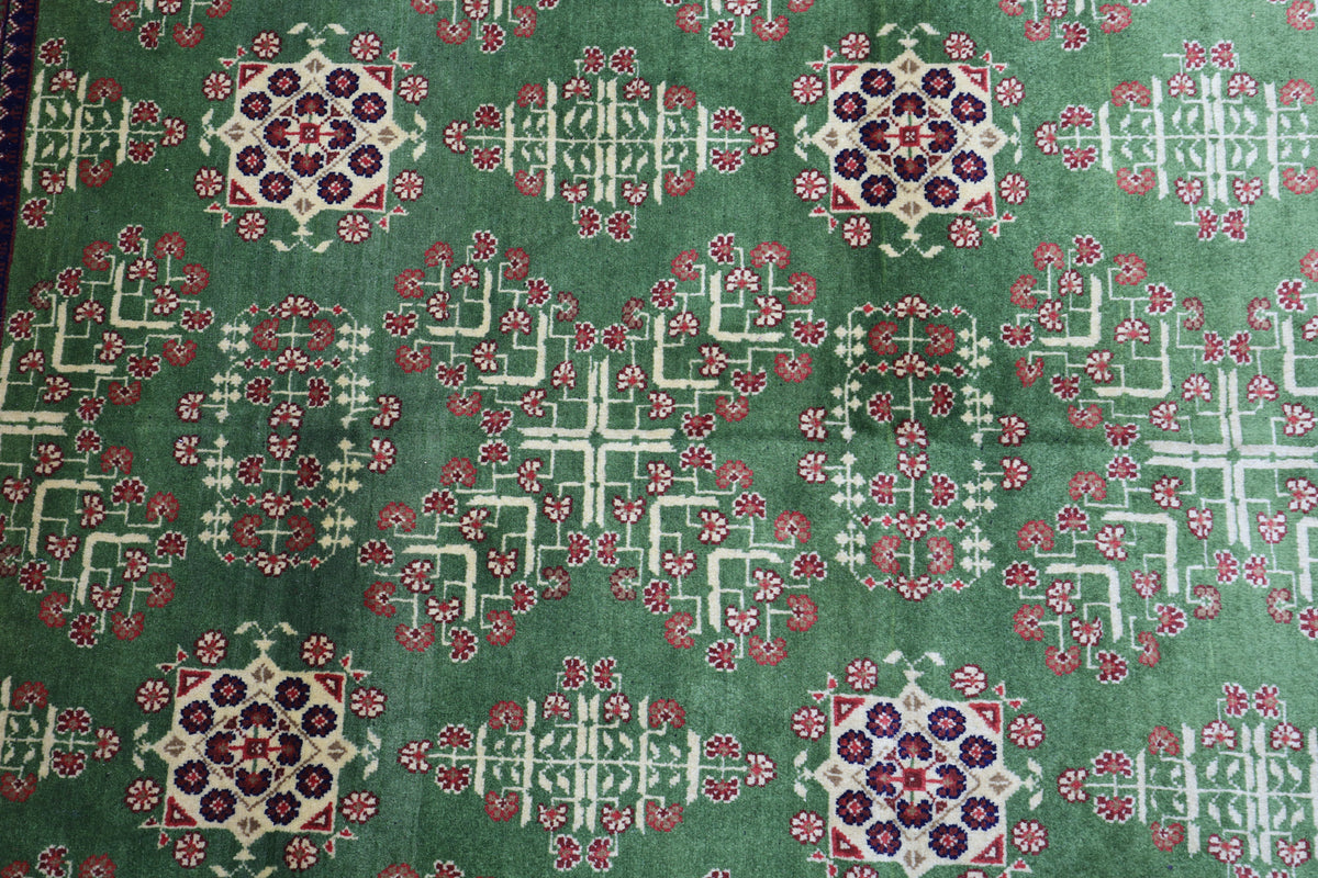 Afghan Bukhara Rug 4'10" x 6'6", Hand-Knotted Wool, Cream & Green, view 6