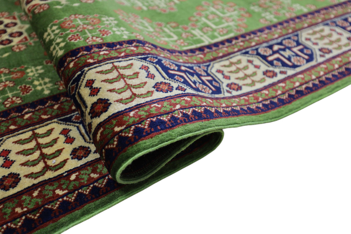 Afghan Bukhara Rug 4'10" x 6'6", Hand-Knotted Wool, Cream & Green, view 4