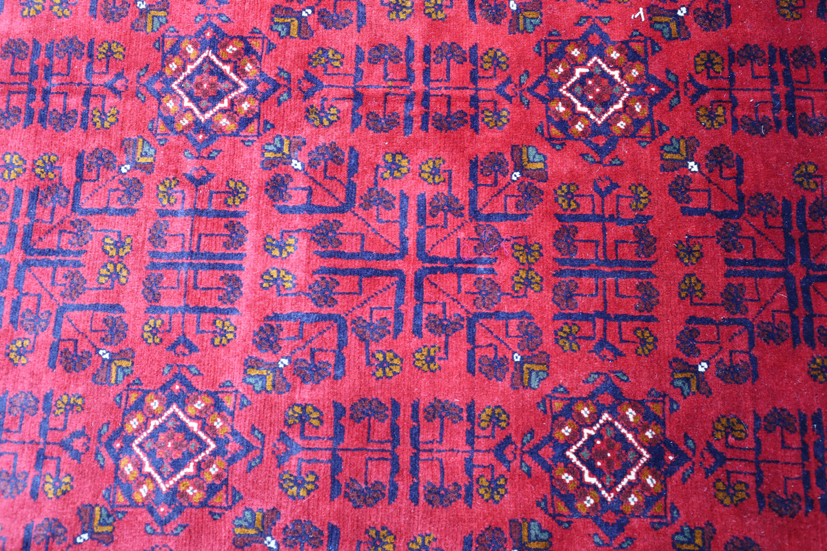 Afghan Turkmen Tribal Rug 6x7, Red, Burgundy & Navy, Hand-Knotted Wool, view 4