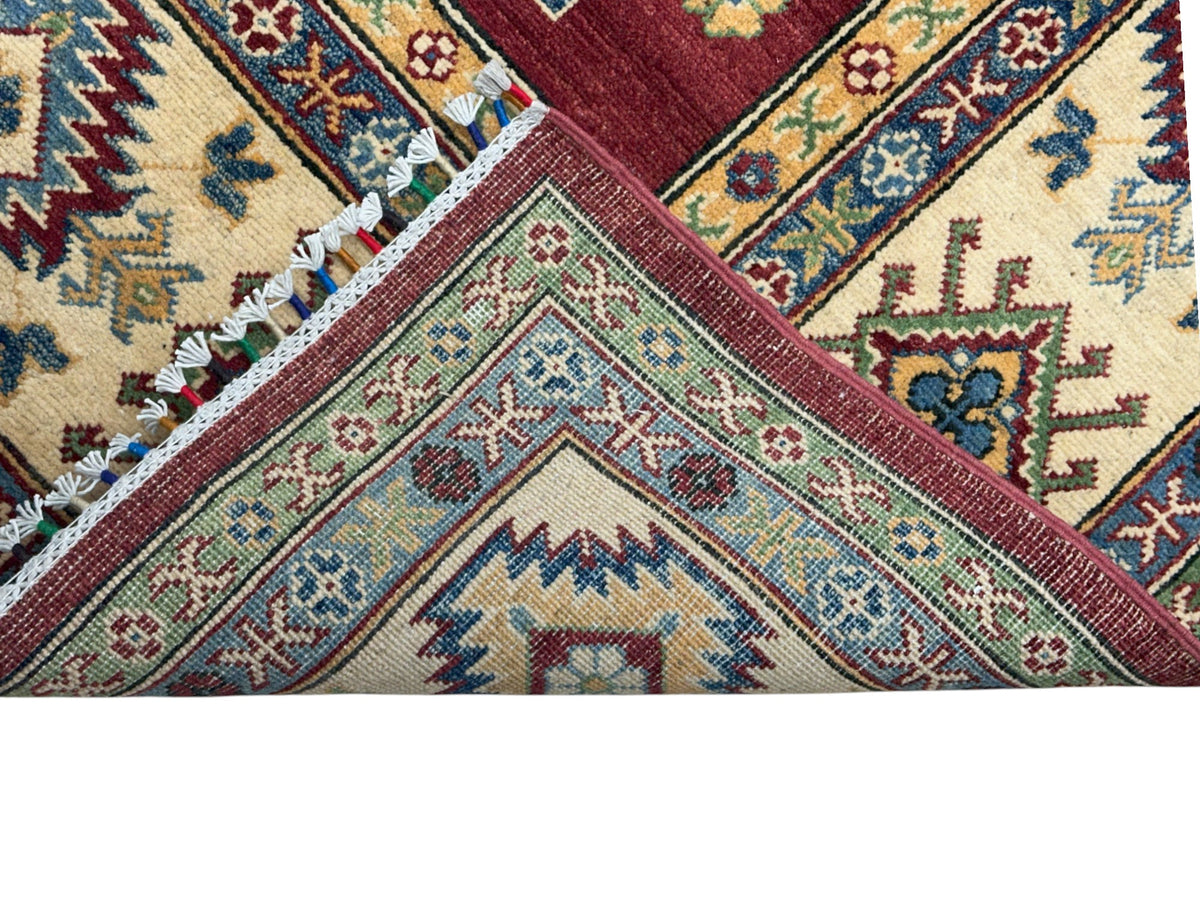 Afghan Kazak Rug 8' x 10'6", Hand-Knotted Wool, Cream & Red, view 4