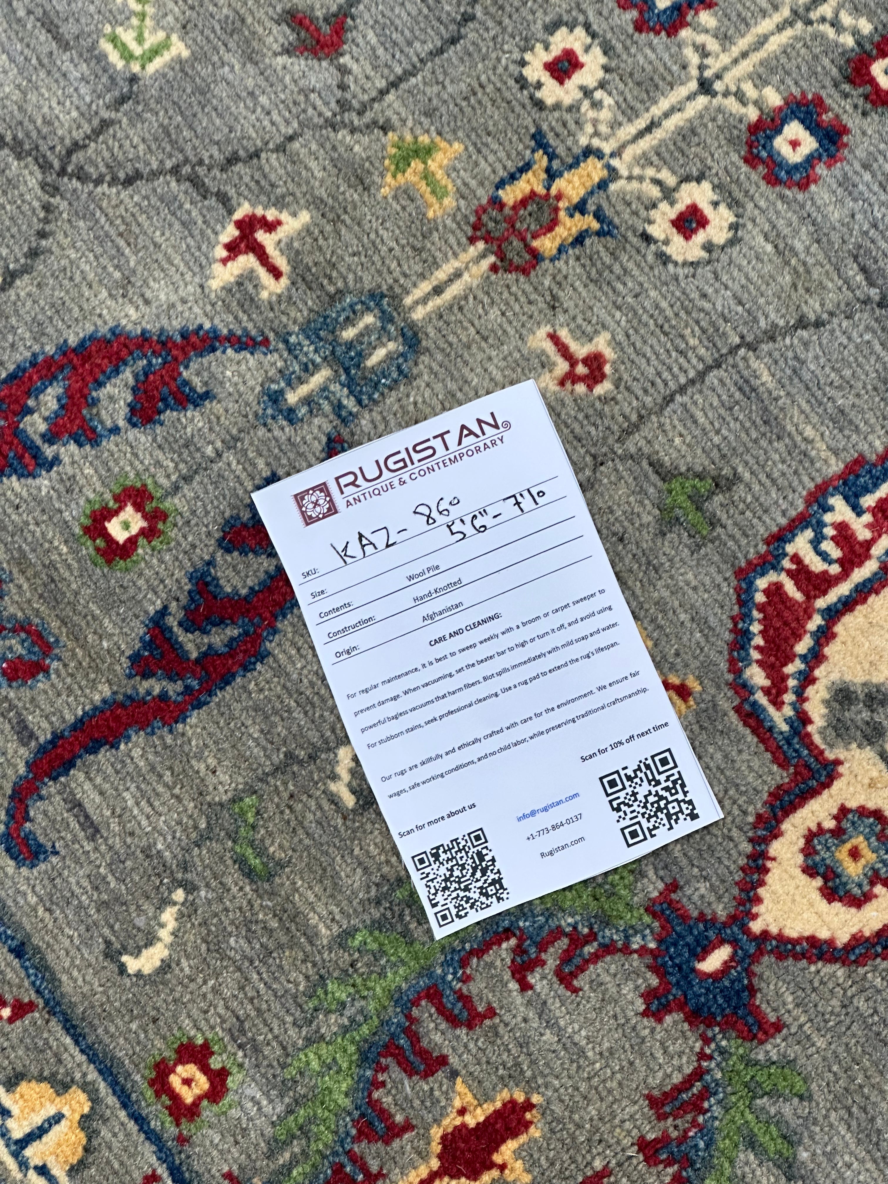 Afghan Kazak Rug 6x8, Gray, Ivory & Red, Hand-Knotted Wool, view 5