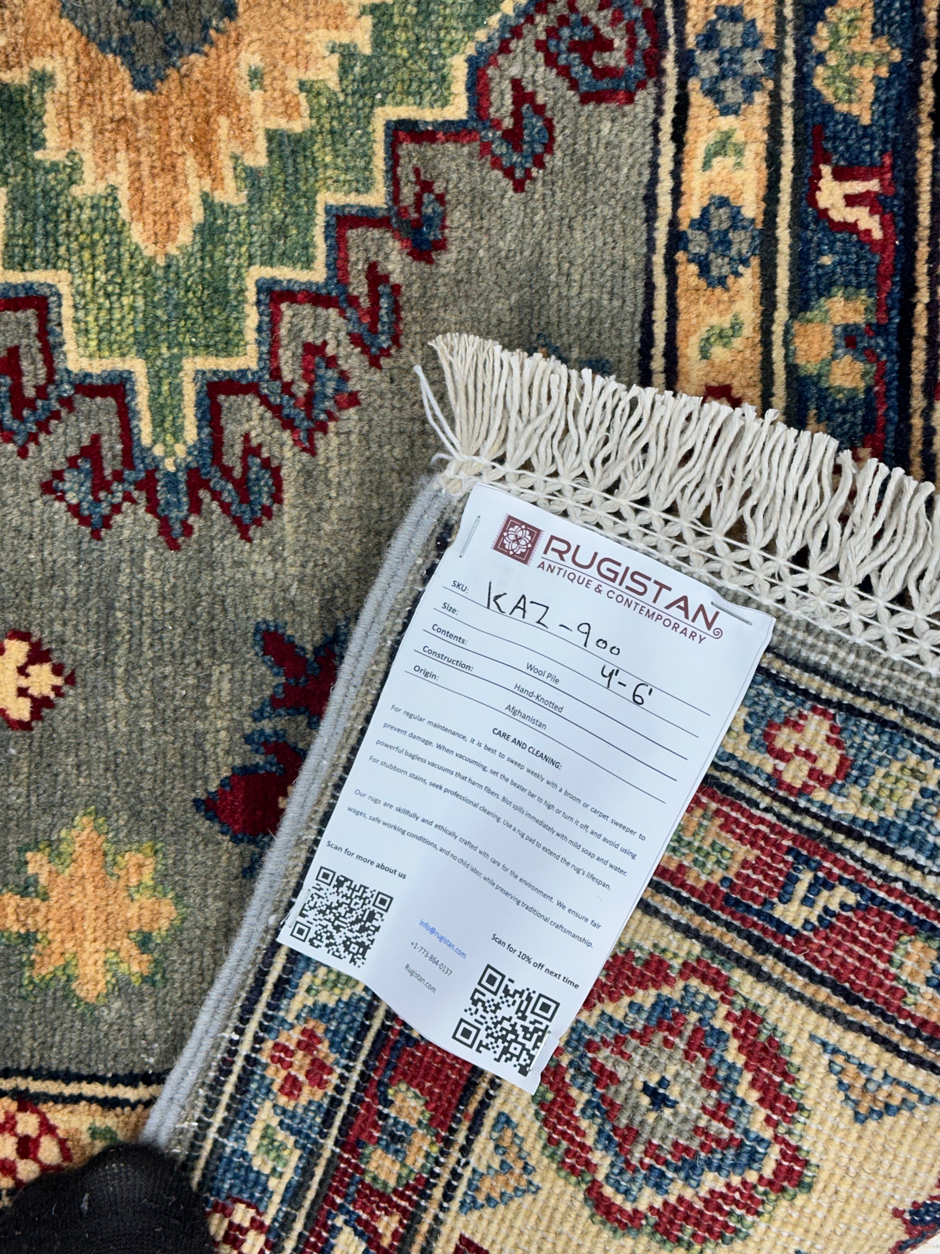 Afghan Kazak Rug 3'10" x 5'11", Hand-Knotted Wool, Beige & Red, view 5