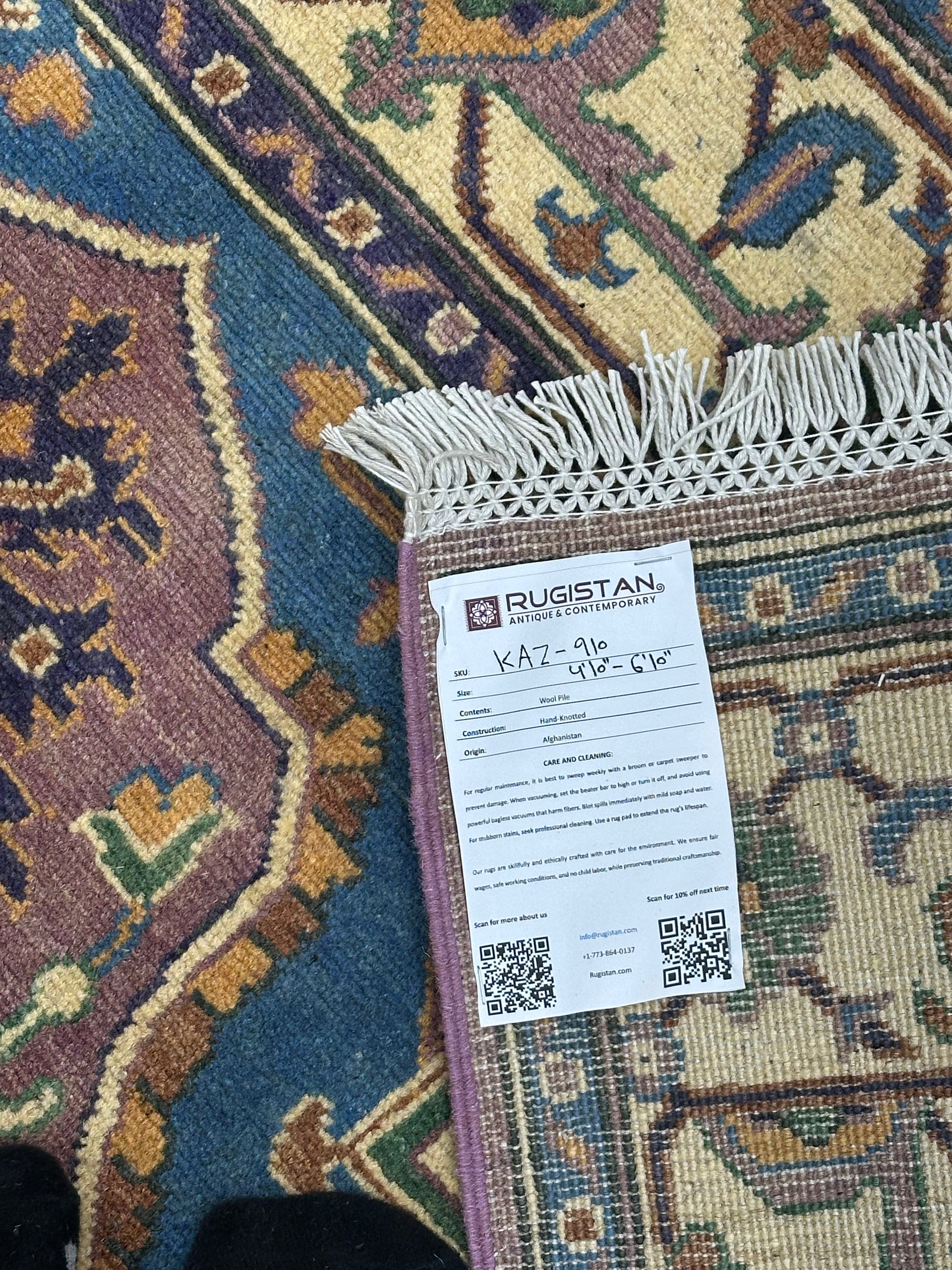 Afghan Kazak Rug 5x7, Light Blue, Purple & Ivory, Hand-Knotted Wool, view 5
