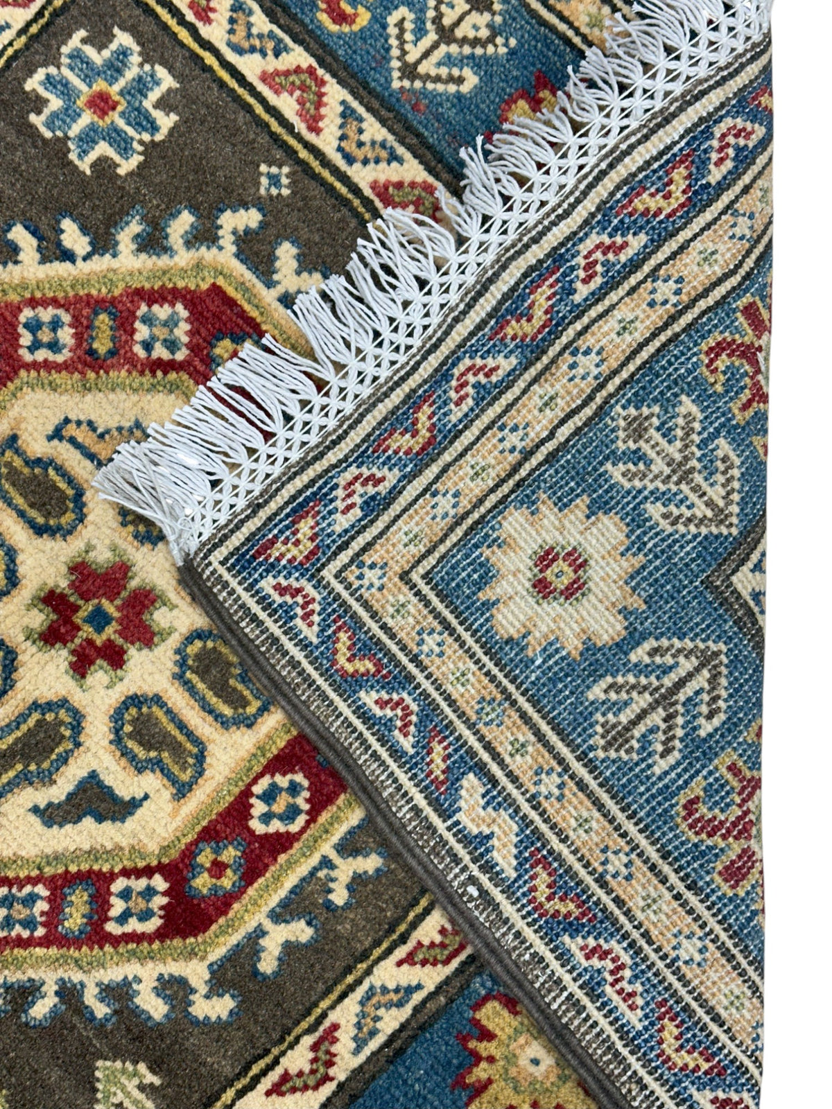 Afghan Kazak Runner 2'6" x 9'6", Hand-Knotted Wool, Blue & Brown, view 4