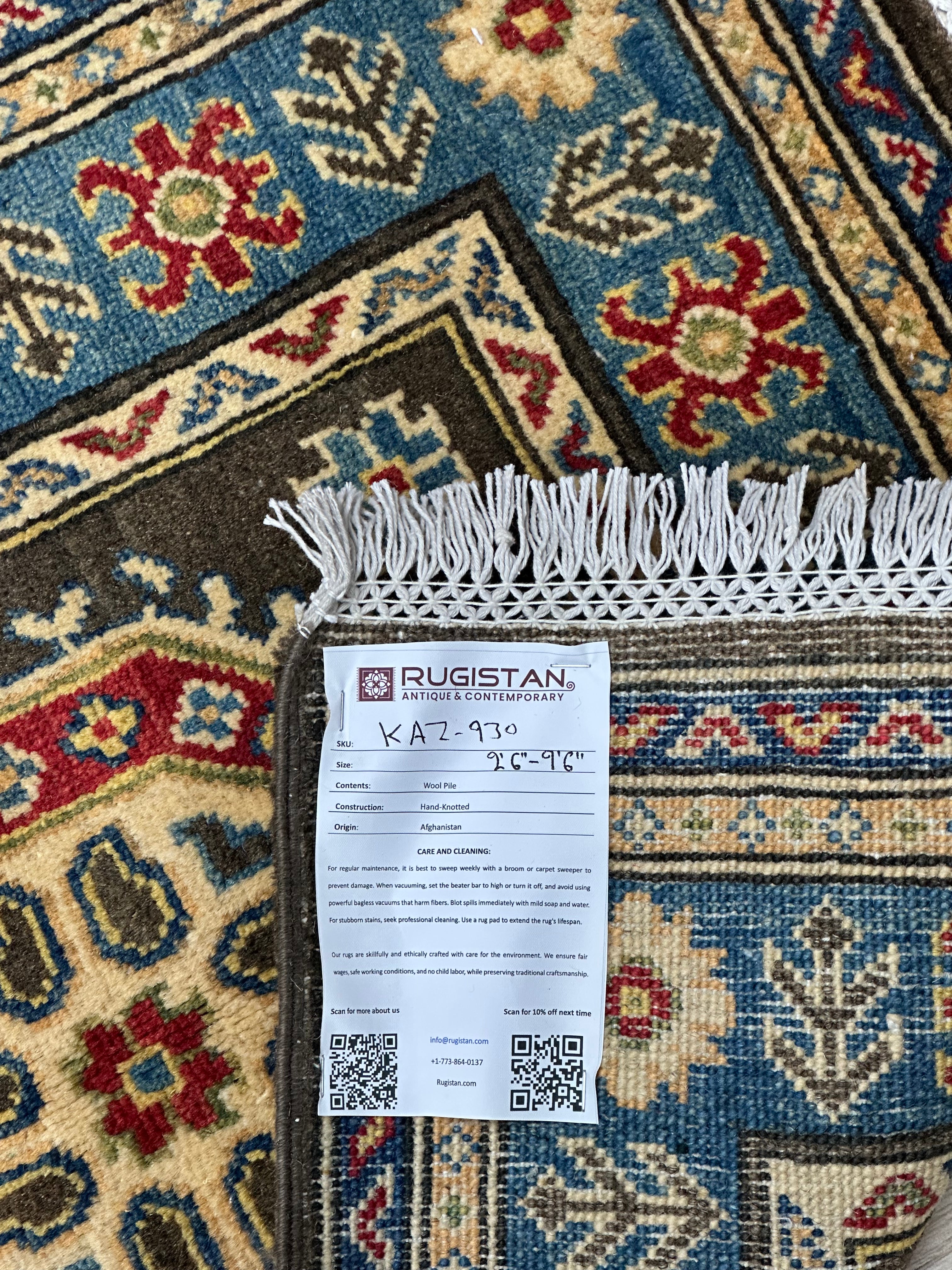 Afghan Kazak Runner 2'6" x 9'6", Hand-Knotted Wool, Blue & Brown, view 5