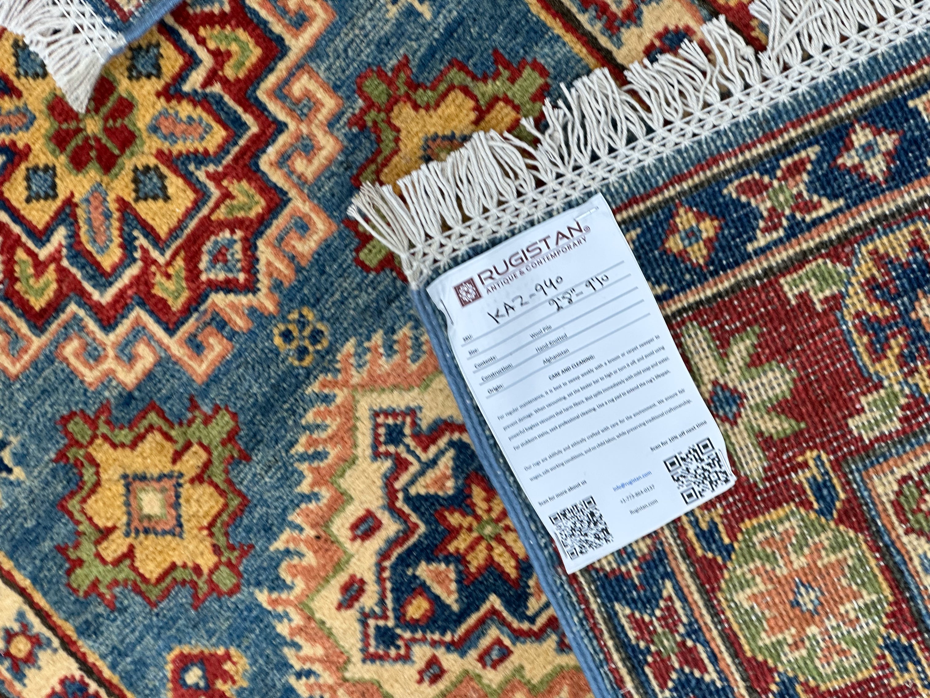 Afghan Kazak Runner 2'8" x 9'10", Hand-Knotted Wool, Blue & Red, view 5