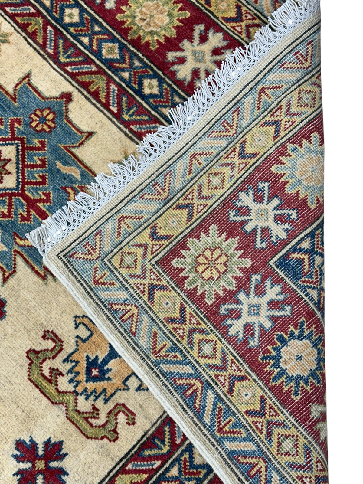 Afghan Kazak Rug 5'2" x 6'8", Hand-Knotted Wool, Cream & Red, view 4