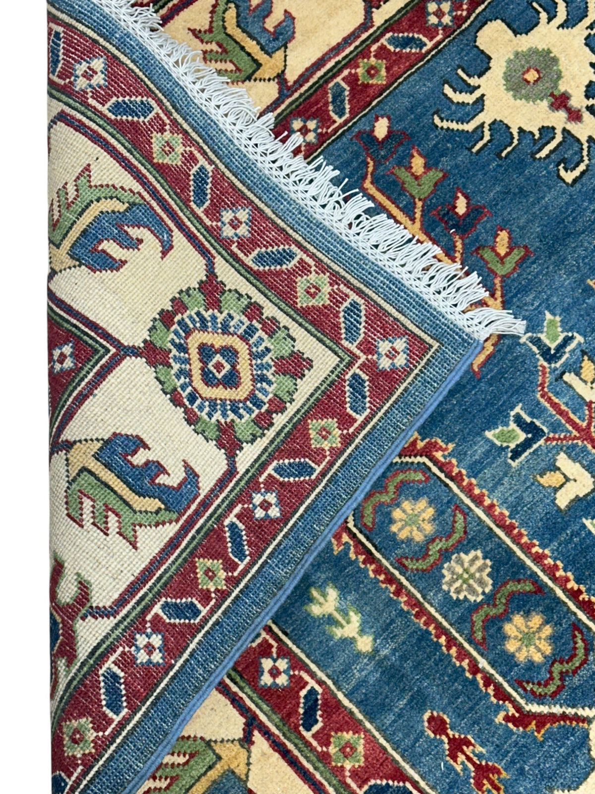 Afghan Kazak Rug 5'6" x 7'6", Hand-Knotted Wool, Blue & Cream, view 4