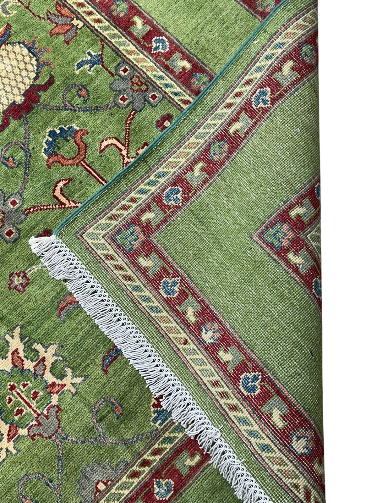 Afghan Kazak Rug 8x10, Green, Red & Ivory, Hand-Knotted Wool, view 4