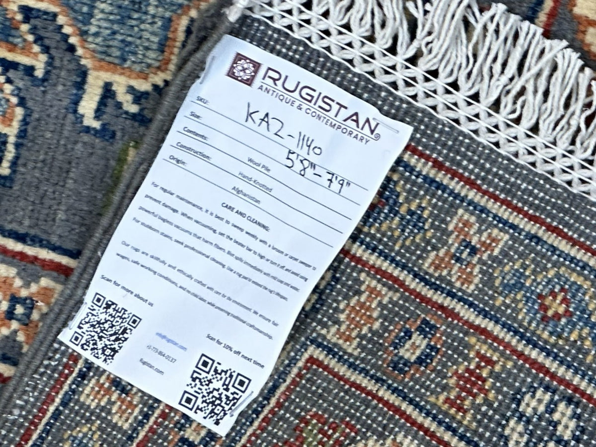 Afghan Kazak Rug 5'8" x 7'9", Hand-Knotted Wool, Cream & Gray, view 5
