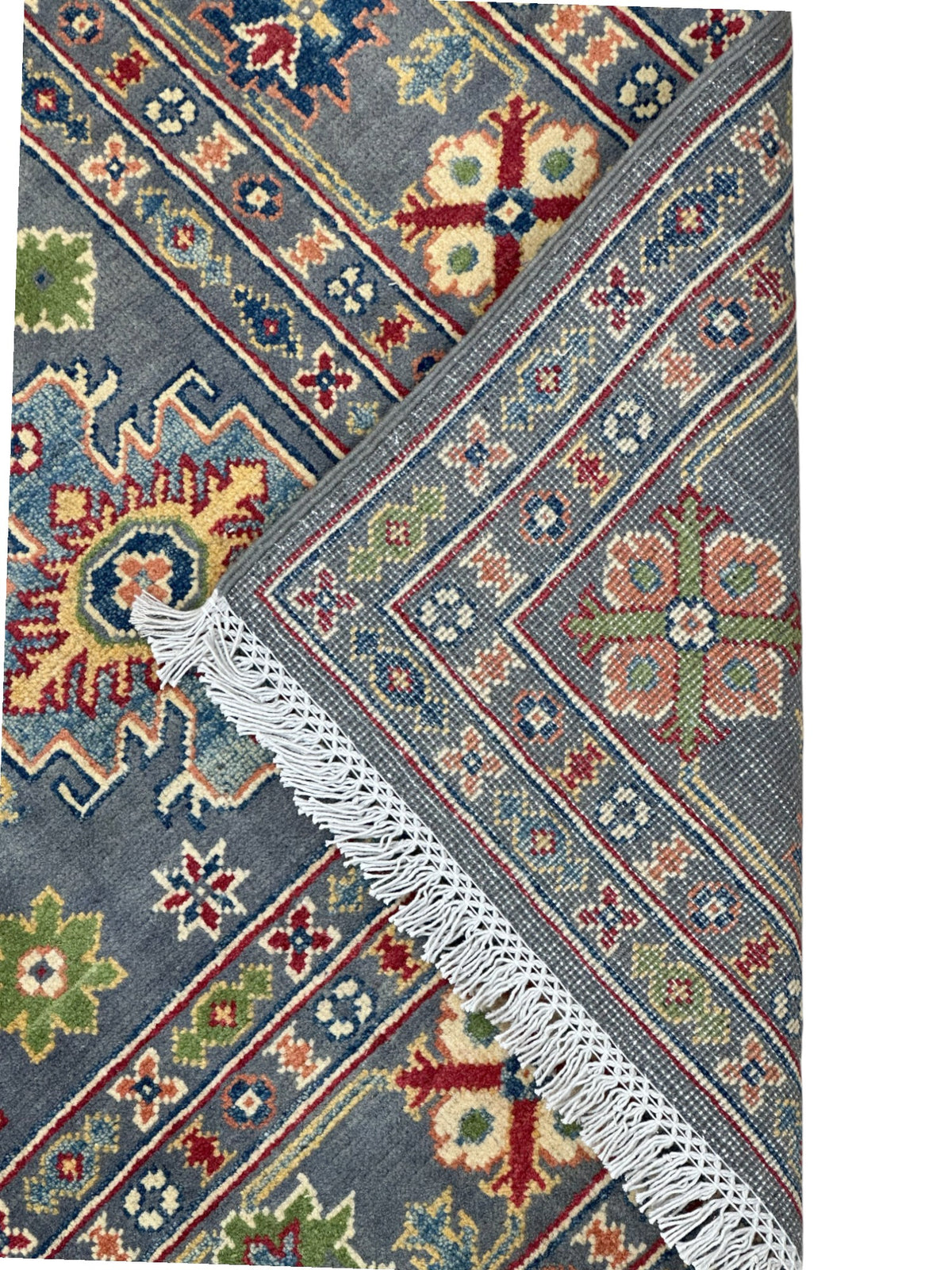 Afghan Kazak Rug 5'8" x 7'9", Hand-Knotted Wool, Cream & Gray, view 4
