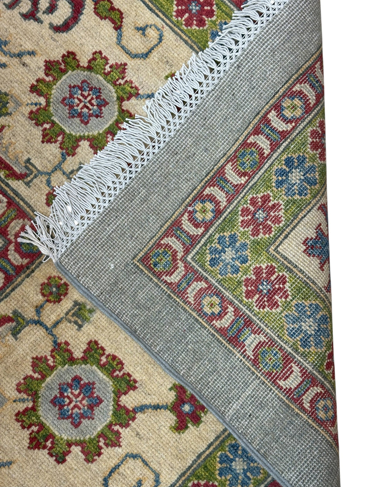 Afghan Kazak Rug 6' x 8'8", Hand-Knotted Wool, Cream, Red & Gray, view 4